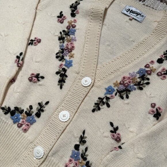 VTG Wool Floral Cardigan Sweater Medium Large Granny Cottage Boho Cream Fairy - Picture 9 of 9